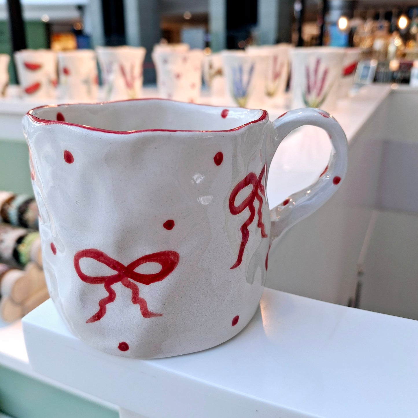 Handmade Pottery Mug .. Customized Letter .. Red Bow