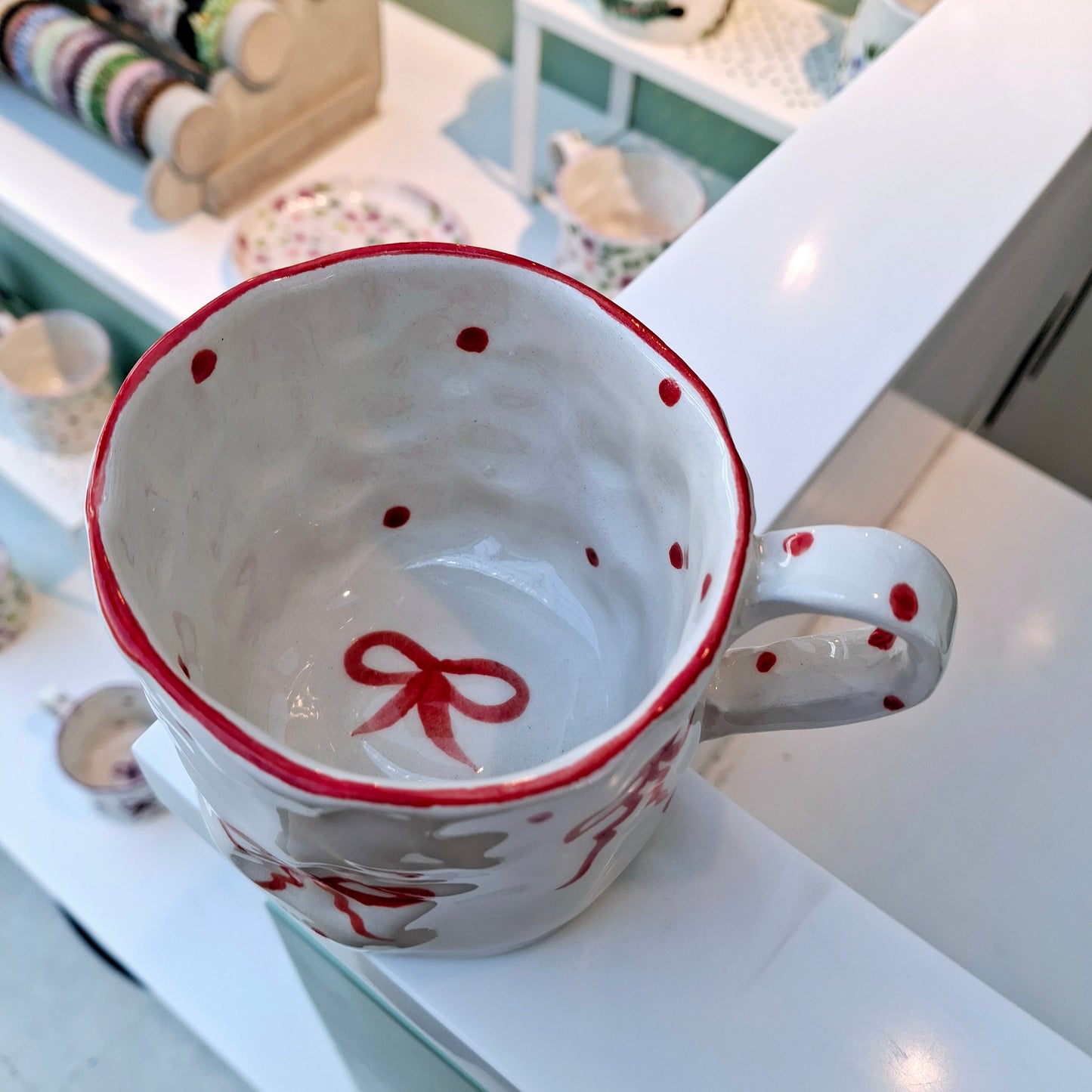 Handmade Pottery Mug .. Customized Letter .. Red Bow