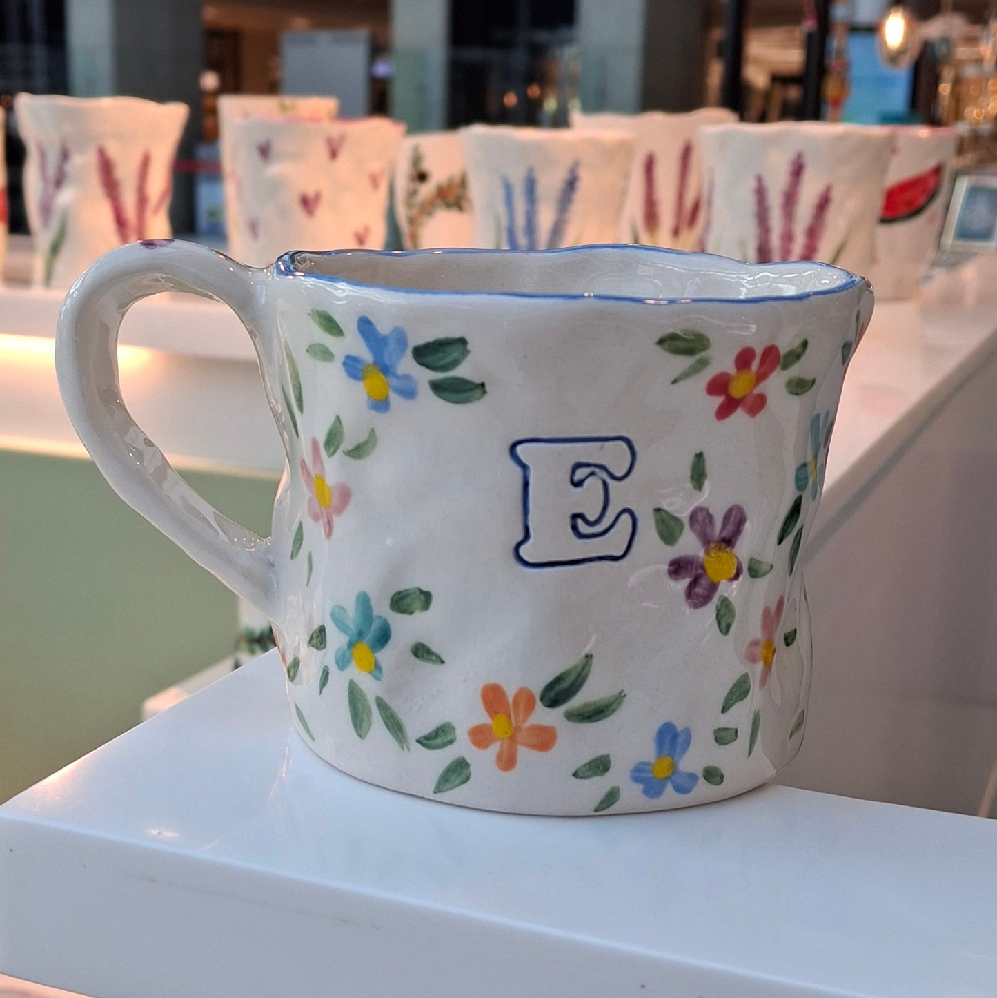 Handmade Pottery Mug .. Customized Letter .. Flowers