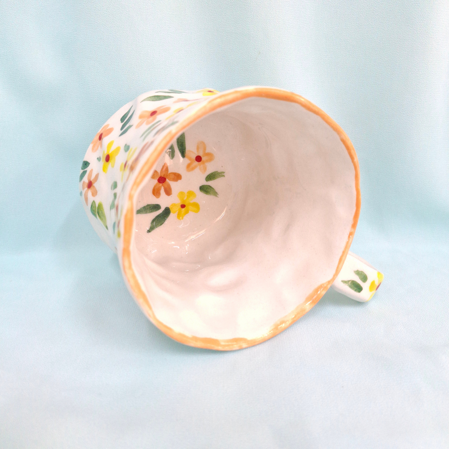 Handmade Pottery Mug . Customized Name . Orange & Yellow Flowers