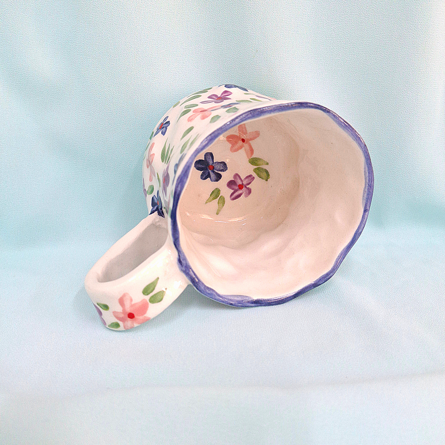 Handmade Pottery Mug . Customized Name .Dark Blue, Purple & Pinnk Flowers