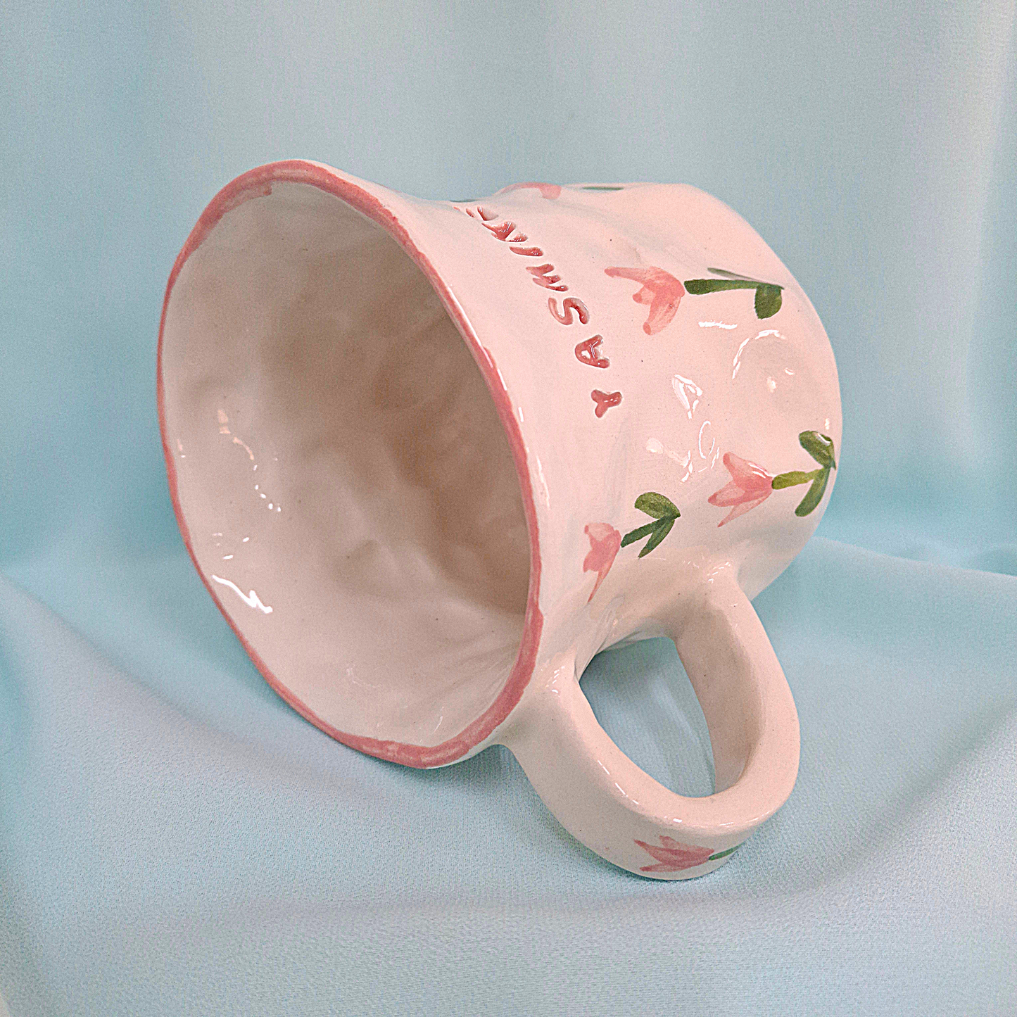 Handmade Pottery Mug . Customized Name . Pink Tulip