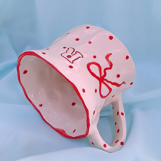 Handmade Pottery Mug .. Customized Letter .. Red Bow