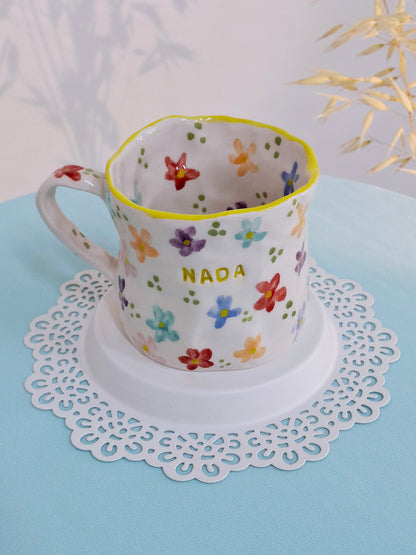 Handmade Pottery Mug . Customized Name . Colorfull Flowers