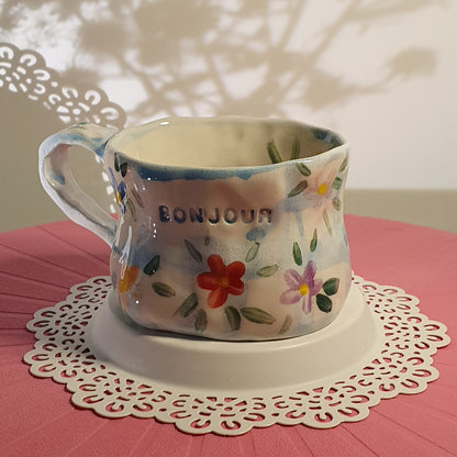 Handmade Pottery Mug . Customized Names . Blue Checks & Flowers