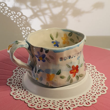 Handmade Pottery Mug . Customized Names . Blue Checks & Flowers