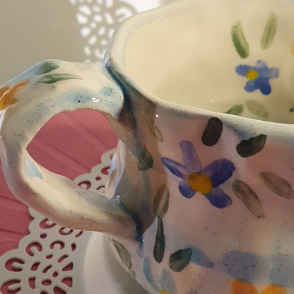 Handmade Pottery Mug . Customized Names . Blue Checks & Flowers