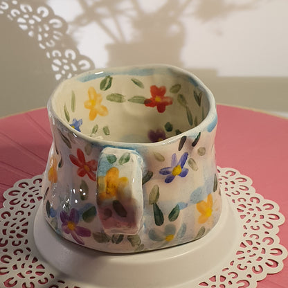 Handmade Pottery Mug . Customized Names . Blue Checks & Flowers