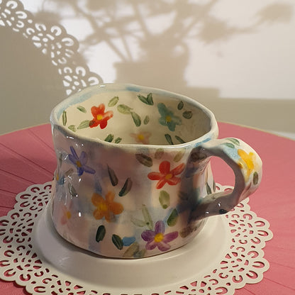Handmade Pottery Mug . Customized Names . Blue Checks & Flowers