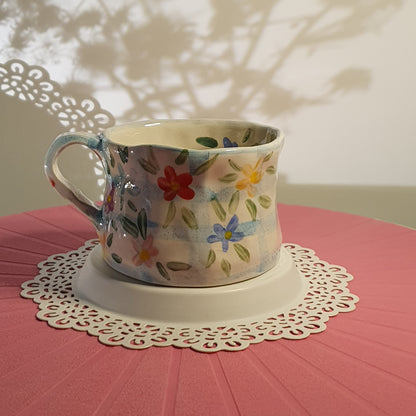 Handmade Pottery Mug . Customized Names . Blue Checks & Flowers