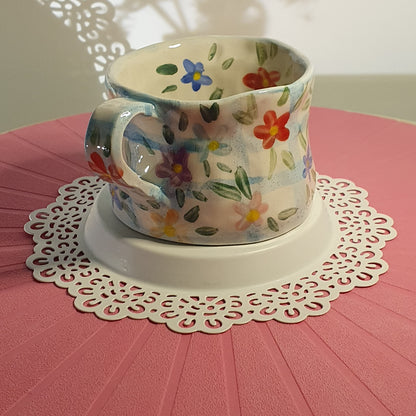 Handmade Pottery Mug . Customized Names . Blue Checks & Flowers