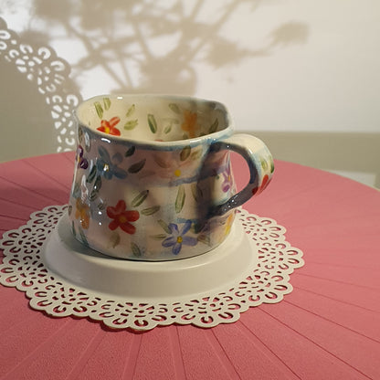 Handmade Pottery Mug . Customized Names . Blue Checks & Flowers