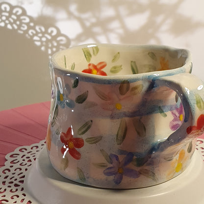Handmade Pottery Mug . Customized Names . Blue Checks & Flowers