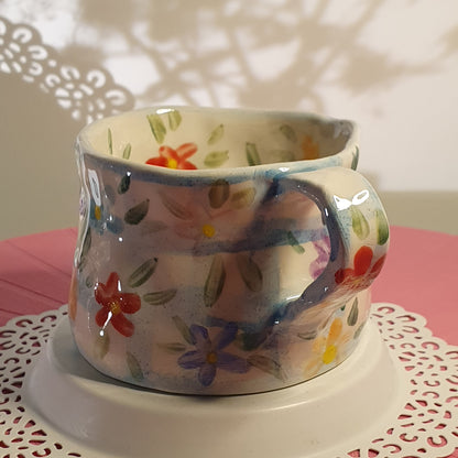 Handmade Pottery Mug . Customized Names . Blue Checks & Flowers