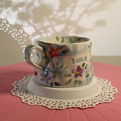 Handmade Pottery Mug . Customized Names . Blue Checks & Flowers