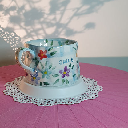 Handmade Pottery Mug . Customized Names . Blue Checks & Flowers
