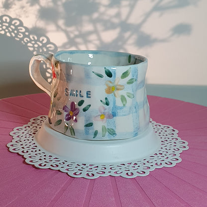 Handmade Pottery Mug . Customized Names . Blue Checks & Flowers