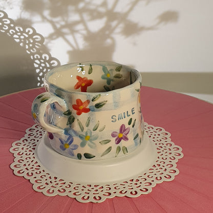 Handmade Pottery Mug . Customized Names . Blue Checks & Flowers