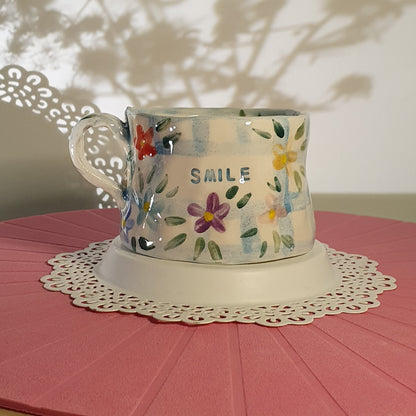Handmade Pottery Mug . Customized Names . Blue Checks & Flowers