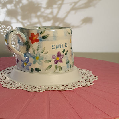 Handmade Pottery Mug . Customized Names . Blue Checks & Flowers