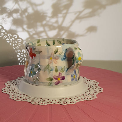 Handmade Pottery Mug . Customized Names . Blue Checks & Flowers