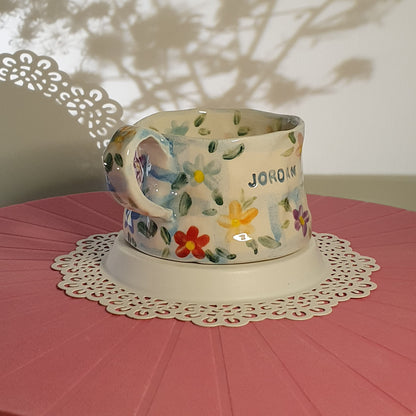 Handmade Pottery Mug . Customized Names . Blue Checks & Flowers