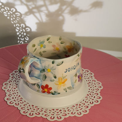 Handmade Pottery Mug . Customized Names . Blue Checks & Flowers