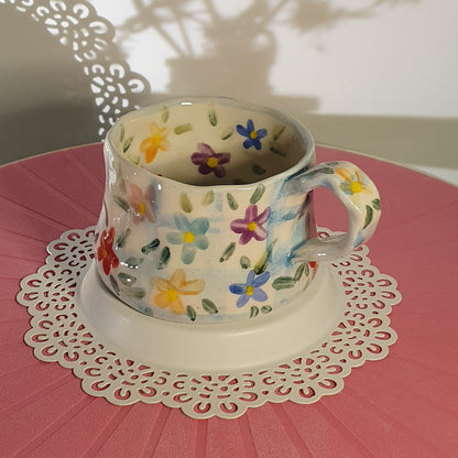 Handmade Pottery Mug . Customized Names . Blue Checks & Flowers