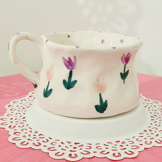 Handbuilt Pottery Mug .. Purple & Pink Tulips