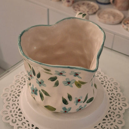 Handmade Pottery Heart Mug . Sky Blue Flowers