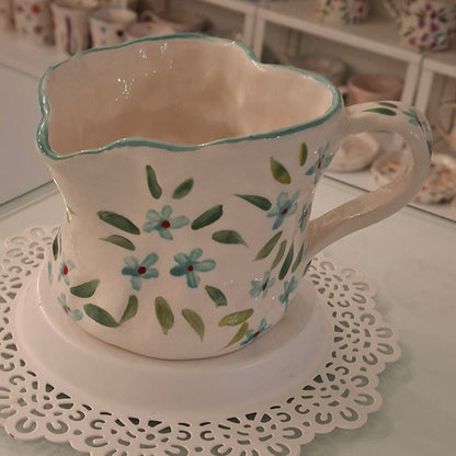 Handmade Pottery Heart Mug . Sky Blue Flowers