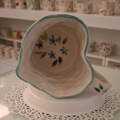 Handmade Pottery Heart Mug . Sky Blue Flowers