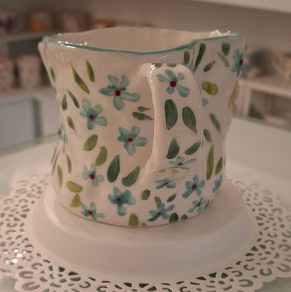 Handmade Pottery Heart Mug . Sky Blue Flowers
