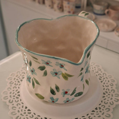 Handmade Pottery Heart Mug . Sky Blue Flowers