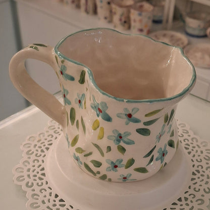 Handmade Pottery Heart Mug . Sky Blue Flowers