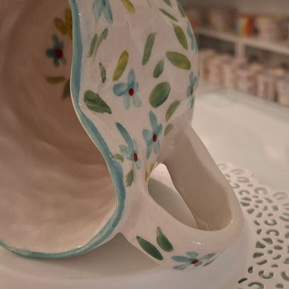 Handmade Pottery Heart Mug . Sky Blue Flowers