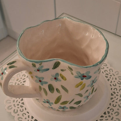 Handmade Pottery Heart Mug . Sky Blue Flowers