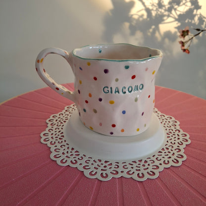 Handmade Pottery Mug . Customized Name . Dots