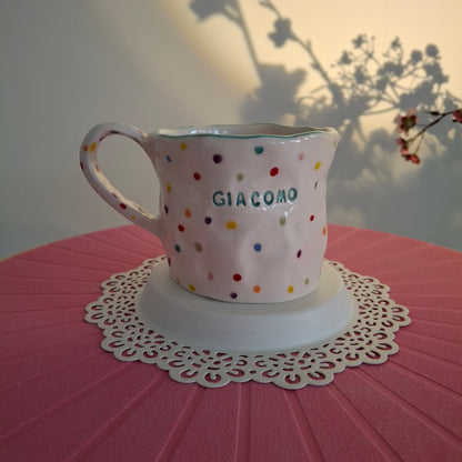 Handmade Pottery Mug . Customized Name . Dots