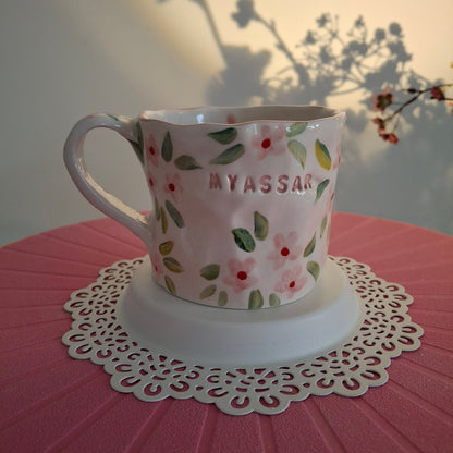 Handmade Pottery Mug . Customized Name . Pink Flowers