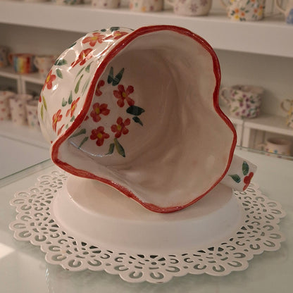 Handmade Pottery Heart Mug . Red Flowers