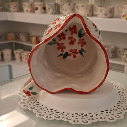 Handmade Pottery Heart Mug . Red Flowers