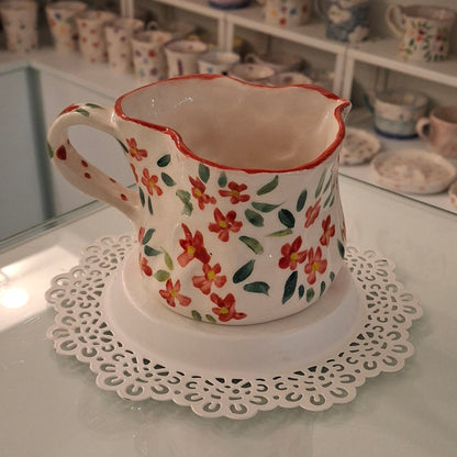 Handmade Pottery Heart Mug . Red Flowers