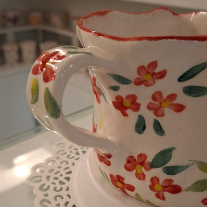 Handmade Pottery Heart Mug . Red Flowers