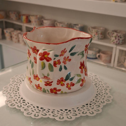Handmade Pottery Heart Mug . Red Flowers