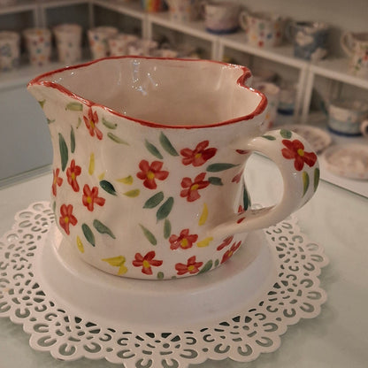 Handmade Pottery Heart Mug . Red Flowers