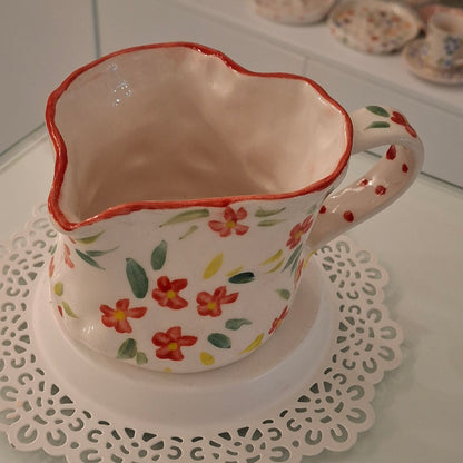 Handmade Pottery Heart Mug . Red Flowers