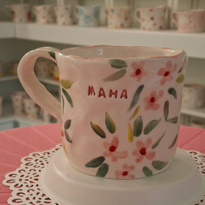 Handmade Pottery Mug . Customized Name . Pink Flowers