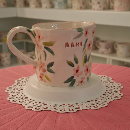 Handmade Pottery Mug . Customized Name . Pink Flowers