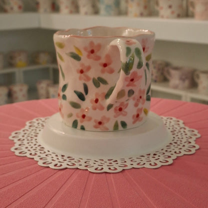 Handmade Pottery Mug . Customized Name . Pink Flowers